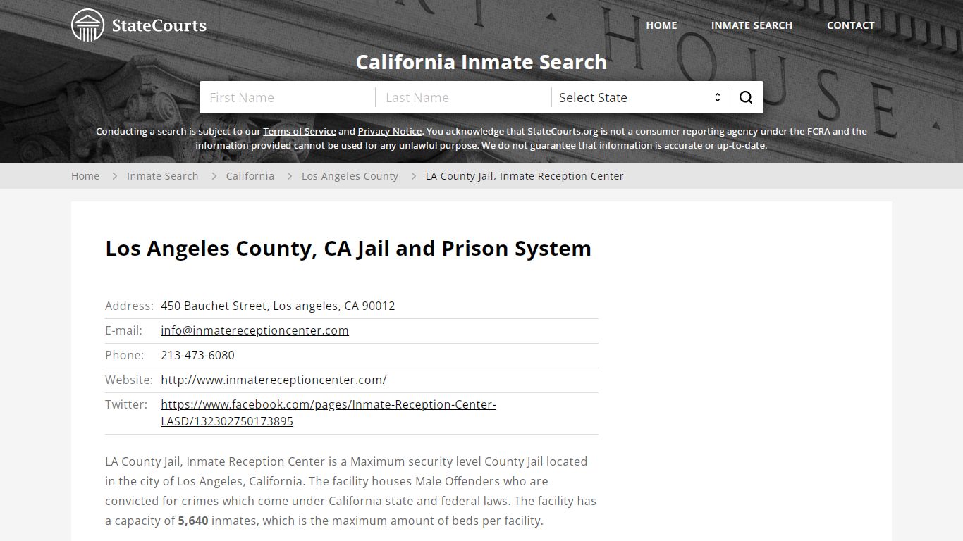 LA County Jail, Inmate Reception Center Inmate Records ...